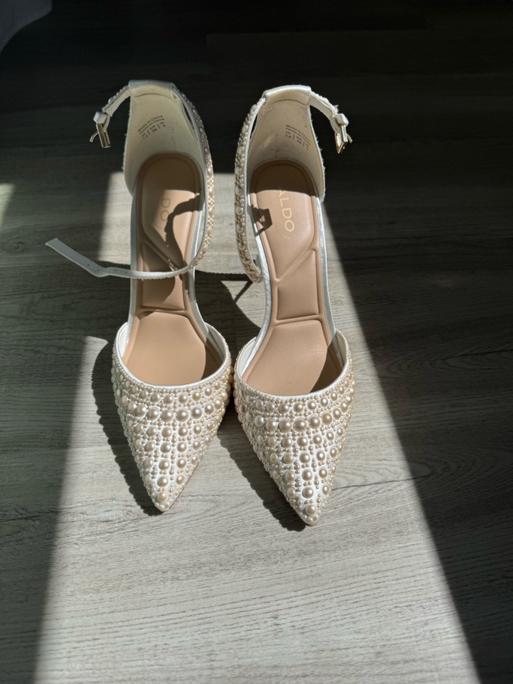ALDO Pearl-Embellished Pointed Toe Ankle Strap Heels in Ivory